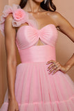 Floral Pink Tulle A Line One Shoulder Short Prom Dress