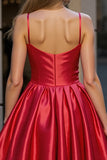 Red Spaghetti Straps Satin A Line Short Prom Dress