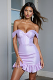 Lilac Satin Bodycon Short Prom Dress with Ruffles