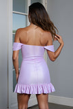 Lilac Satin Bodycon Short Prom Dress with Ruffles