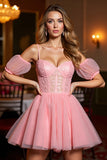 Pink A Line Corset Tulle Short Prom Dress with Appliques