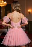 Pink A Line Corset Tulle Short Prom Dress with Appliques