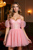 Pink A Line Corset Tulle Short Prom Dress with Appliques