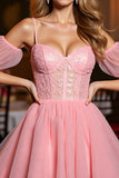 Pink A Line Corset Tulle Short Prom Dress with Appliques