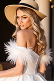 White Corset Sweetheart A Line Short Prom Dress with Feathers
