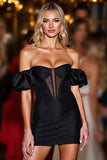 Black Corset Bodycon Short Prom Dress with Sleeves