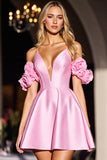 Pink 3D Flower Corset Satin Short Prom Dress