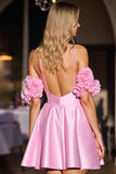Pink 3D Flower Corset Satin Short Prom Dress