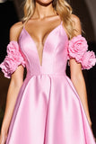 Pink 3D Flower Corset Satin Short Prom Dress