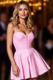 Pink Ruched A Line Satin Mini Prom Dress