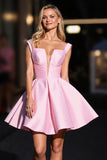 A Line Pink Ruched Deep V-Neck Satin Short Prom Dress