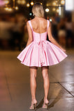 A Line Pink Ruched Deep V-Neck Satin Short Prom Dress