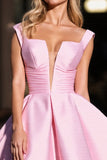 A Line Pink Ruched Deep V-Neck Satin Short Prom Dress