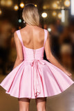 A Line Pink Ruched Deep V-Neck Satin Short Prom Dress