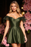 A Line Army Green Corset Satin Short Prom Dress with Ruffles