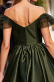 A Line Army Green Corset Satin Short Prom Dress with Ruffles