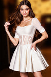 Glitter White Corset A Line Mini Prom Dress with Short Sleeves