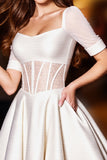 Glitter White Corset A Line Mini Prom Dress with Short Sleeves