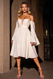 Ivory Strapless A Line Midi Satin Prom Dress with Sleeves
