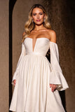 Ivory Strapless A Line Midi Satin Prom Dress with Sleeves
