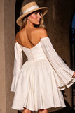 Ivory Strapless A Line Midi Satin Prom Dress with Sleeves