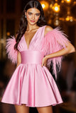 Pink V-Neck Satin A Line Short Prom Dress with Feathers