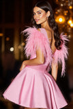 Pink V-Neck Satin A Line Short Prom Dress with Feathers