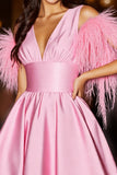 Pink V-Neck Satin A Line Short Prom Dress with Feathers