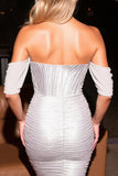Glitter Silver Ruched Off the Shoulder Tight Short Prom Dress