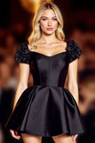 Black Corset Satin A Line Short Prom Dress with Sleeves