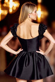 Black Corset Satin A Line Short Prom Dress with Sleeves