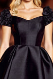 Black Corset Satin A Line Short Prom Dress with Sleeves