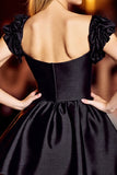 Black Corset Satin A Line Short Prom Dress with Sleeves