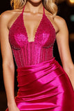 Sparkly Corset Tight Fuchsia Satin Short Prom Dress with Beading