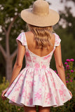 White Floral Corset Short A Line Prom Dress with Sleeves