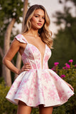 White Floral Corset Short A Line Prom Dress with Sleeves