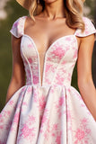 White Floral Corset Short A Line Prom Dress with Sleeves