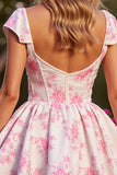 White Floral Corset Short A Line Prom Dress with Sleeves