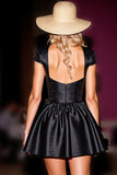 Black Corset Satin Cap Sleeves A Line Short Prom Dress