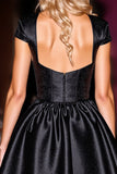 Black Corset Satin Cap Sleeves A Line Short Prom Dress