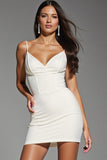 Ivory V Neck Corset Tight Satin Short Prom Dress