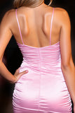Pink Deep V-Neck Ruched Tight Mini Prom Dress