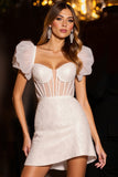 Ivory Corset Bodycon Short Prom Dress with Puff Sleeves