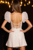Ivory Corset Bodycon Short Prom Dress with Puff Sleeves