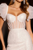 Ivory Corset Bodycon Short Prom Dress with Puff Sleeves