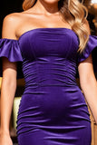 Dark Purple Strapless Tight Velvet Short Prom Dress with Ruffles