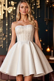 Corset Ivory Satin A Line Short Prom Dress with Appliques