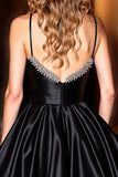 Black Satin A Line Short Corset Sparkly Prom Dress with Beading