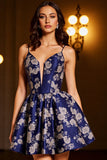 Navy Satin A Line Floral Backless Short Prom Dress
