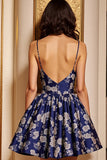 Navy Satin A Line Floral Backless Short Prom Dress